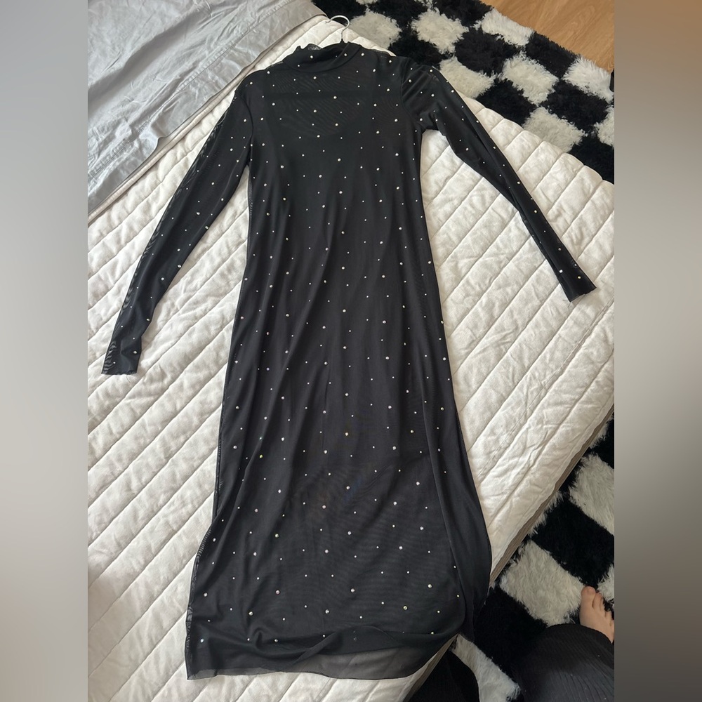 Elegant Black Long Sleeve Dress with Pearl Accents